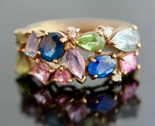 VINTAGE ENGLISH 9ct YELLOW GOLD 11 x REAL SAPPHIRE 3 X BRILLIANT-CUT DIAMONDS JEWELLER CERT R40'000