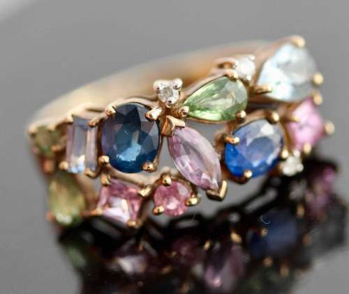 VINTAGE ENGLISH 9ct YELLOW GOLD 11 x REAL SAPPHIRE 3 X BRILLIANT-CUT DIAMONDS JEWELLER CERT R40'000