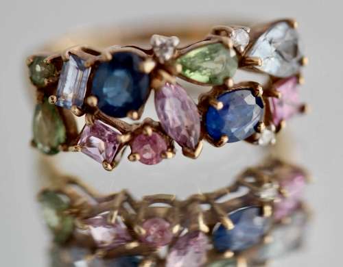 VINTAGE ENGLISH 9ct YELLOW GOLD 11 x REAL SAPPHIRE 3 X BRILLIANT-CUT DIAMONDS JEWELLER CERT R40'000