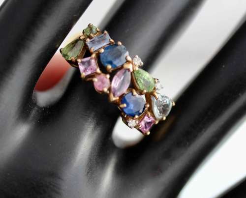 VINTAGE ENGLISH 9ct YELLOW GOLD 11 x REAL SAPPHIRE 3 X BRILLIANT-CUT DIAMONDS JEWELLER CERT R40'000