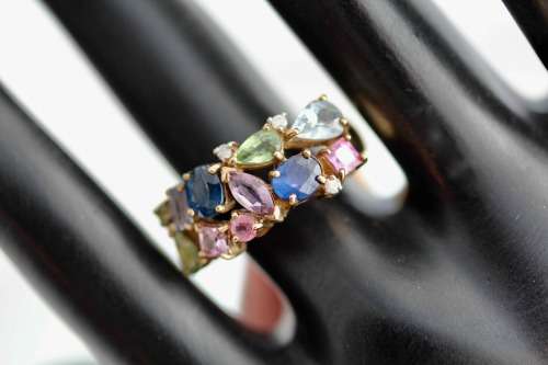 VINTAGE ENGLISH 9ct YELLOW GOLD 11 x REAL SAPPHIRE 3 X BRILLIANT-CUT DIAMONDS JEWELLER CERT R40'000