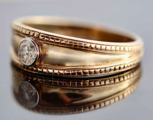 VINTAGE ENGLISH 9CT YELLOW GOLD SOLID WEDDING BAND DIAMOND SOLITAIRE 3,2 gr JEWELLER CERT R8'500