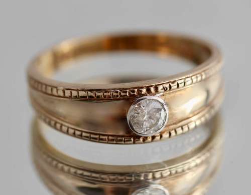 VINTAGE ENGLISH 9CT YELLOW GOLD SOLID WEDDING BAND DIAMOND SOLITAIRE 3,2 gr JEWELLER CERT R8'500