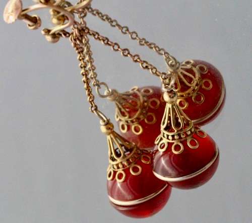 ENGLISH VINTAGE EARLY 20th CENTURY CARNELIAN 9CT YELLOW GOLD DROP & DANGLE EARRINGS RARE COLLECTABLE