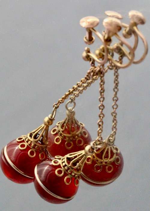ENGLISH VINTAGE EARLY 20th CENTURY CARNELIAN 9CT YELLOW GOLD DROP & DANGLE EARRINGS RARE COLLECTABLE