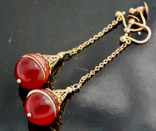ENGLISH VINTAGE EARLY 20th CENTURY CARNELIAN 9CT YELLOW GOLD DROP & DANGLE EARRINGS RARE COLLECTABLE
