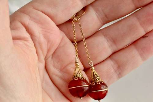 ENGLISH VINTAGE EARLY 20th CENTURY CARNELIAN 9CT YELLOW GOLD DROP & DANGLE EARRINGS RARE COLLECTABLE