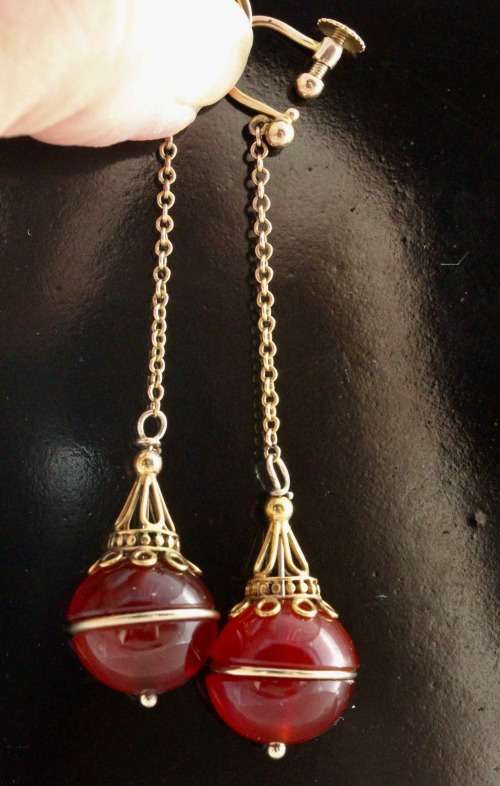 ENGLISH VINTAGE EARLY 20th CENTURY CARNELIAN 9CT YELLOW GOLD DROP & DANGLE EARRINGS RARE COLLECTABLE