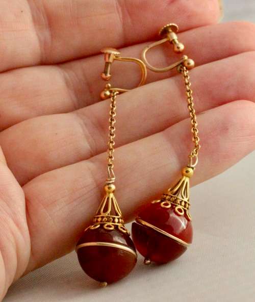 ENGLISH VINTAGE EARLY 20th CENTURY CARNELIAN 9CT YELLOW GOLD DROP & DANGLE EARRINGS RARE COLLECTABLE