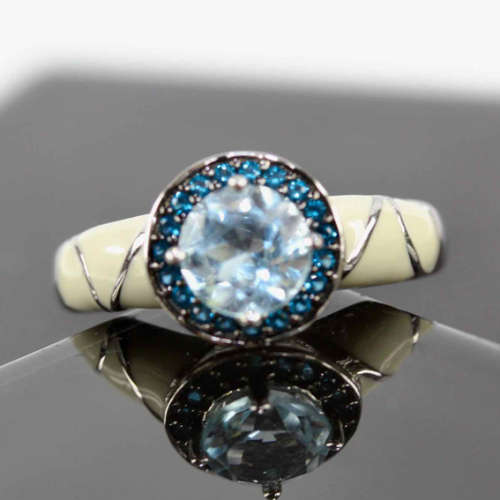 UNUSUAL DESIGN SKY BLUE TOPAZ AND NANO SAPPHIRE STERLING SILVER 925 RING WITH ENAMEL DETAIL