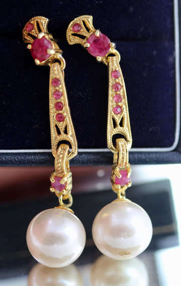 LONG, DROP and DANGLE RASPBERRY NATURAL RUBY AND NATURAL PEARL EARRINGS GOLD-HUED STERLING SILVER