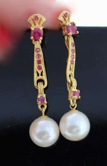 LONG, DROP and DANGLE RASPBERRY NATURAL RUBY AND NATURAL PEARL EARRINGS GOLD-HUED STERLING SILVER