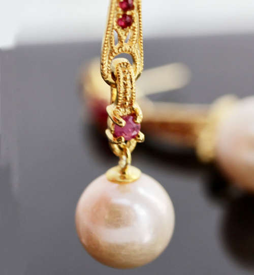 LONG, DROP and DANGLE RASPBERRY NATURAL RUBY AND NATURAL PEARL EARRINGS GOLD-HUED STERLING SILVER
