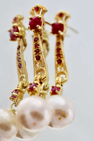 LONG, DROP and DANGLE RASPBERRY NATURAL RUBY AND NATURAL PEARL EARRINGS GOLD-HUED STERLING SILVER
