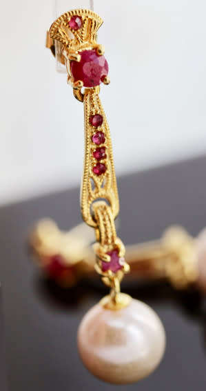 LONG, DROP and DANGLE RASPBERRY NATURAL RUBY AND NATURAL PEARL EARRINGS GOLD-HUED STERLING SILVER