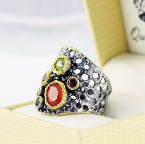 HANDMADE `JEWELLERY ART` NATURAL CARNELIAN, PERIDOT, CITRINE, GARNET GEMSTONE STERLING SILVER RING