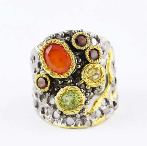 HANDMADE `JEWELLERY ART` NATURAL CARNELIAN, PERIDOT, CITRINE, GARNET GEMSTONE STERLING SILVER RING