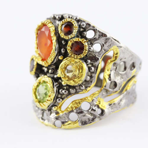 HANDMADE `JEWELLERY ART` NATURAL CARNELIAN, PERIDOT, CITRINE, GARNET GEMSTONE STERLING SILVER RING