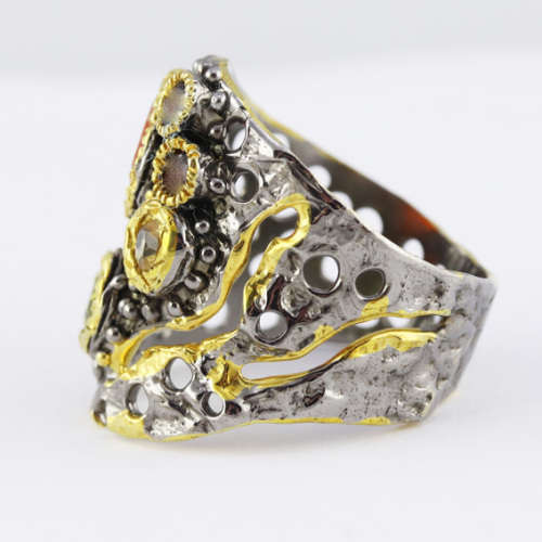 HANDMADE `JEWELLERY ART` NATURAL CARNELIAN, PERIDOT, CITRINE, GARNET GEMSTONE STERLING SILVER RING