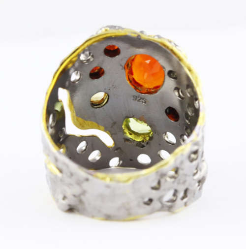 HANDMADE `JEWELLERY ART` NATURAL CARNELIAN, PERIDOT, CITRINE, GARNET GEMSTONE STERLING SILVER RING