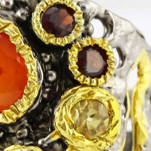 HANDMADE `JEWELLERY ART` NATURAL CARNELIAN, PERIDOT, CITRINE, GARNET GEMSTONE STERLING SILVER RING