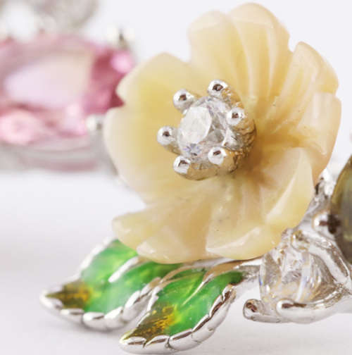 GORGEOUS 50mm LONG FLORAL CHROME DIOPSIDE, MOTHER OF PEARL, TOURMALINE STERLING SILVER EARRINGS