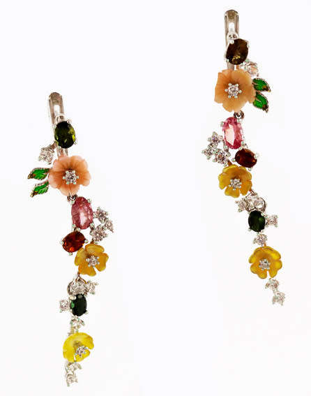 GORGEOUS 50mm LONG FLORAL CHROME DIOPSIDE, MOTHER OF PEARL, TOURMALINE STERLING SILVER EARRINGS