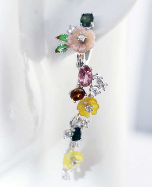 GORGEOUS 50mm LONG FLORAL CHROME DIOPSIDE, MOTHER OF PEARL, TOURMALINE STERLING SILVER EARRINGS