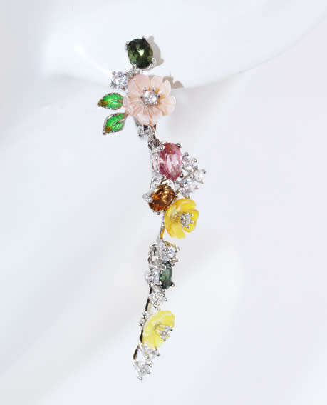 GORGEOUS 50mm LONG FLORAL CHROME DIOPSIDE, MOTHER OF PEARL, TOURMALINE STERLING SILVER EARRINGS