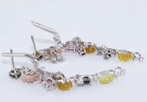 GORGEOUS 50mm LONG FLORAL CHROME DIOPSIDE, MOTHER OF PEARL, TOURMALINE STERLING SILVER EARRINGS