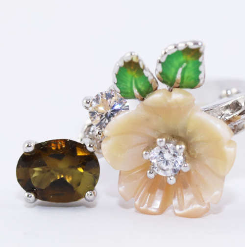 GORGEOUS 50mm LONG FLORAL CHROME DIOPSIDE, MOTHER OF PEARL, TOURMALINE STERLING SILVER EARRINGS