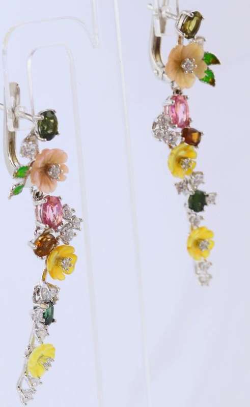 GORGEOUS 50mm LONG FLORAL CHROME DIOPSIDE, MOTHER OF PEARL, TOURMALINE STERLING SILVER EARRINGS