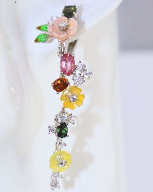 GORGEOUS 50mm LONG FLORAL CHROME DIOPSIDE, MOTHER OF PEARL, TOURMALINE STERLING SILVER EARRINGS