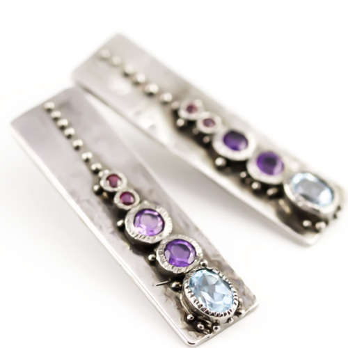 HANDCRAFTED NATURAL BLUE TOPAZ, AMETHYST AND GARNET STERLING SILVER UNUSUAL SOLID BAR EARRINGS