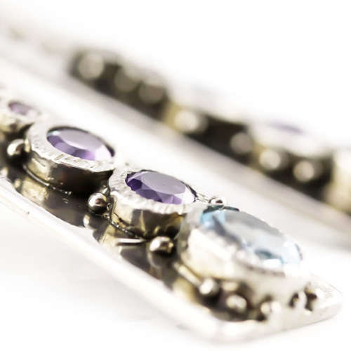 HANDCRAFTED NATURAL BLUE TOPAZ, AMETHYST AND GARNET STERLING SILVER UNUSUAL SOLID BAR EARRINGS