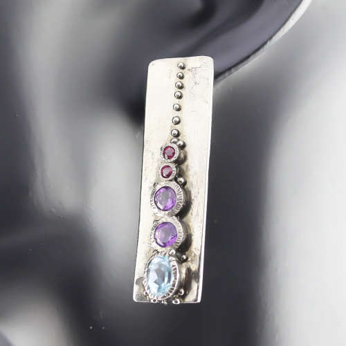 HANDCRAFTED NATURAL BLUE TOPAZ, AMETHYST AND GARNET STERLING SILVER UNUSUAL SOLID BAR EARRINGS