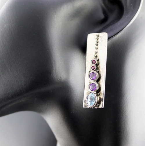 HANDCRAFTED NATURAL BLUE TOPAZ, AMETHYST AND GARNET STERLING SILVER UNUSUAL SOLID BAR EARRINGS