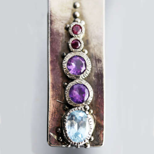 HANDCRAFTED NATURAL BLUE TOPAZ, AMETHYST AND GARNET STERLING SILVER UNUSUAL SOLID BAR EARRINGS