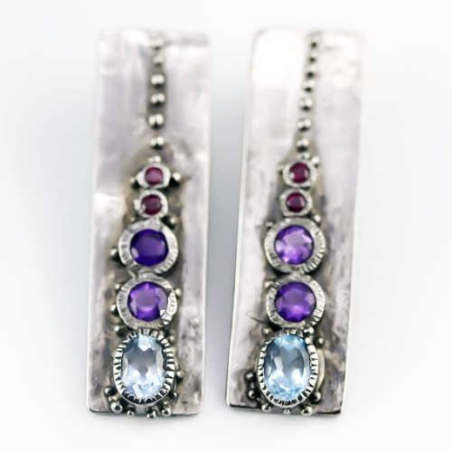 HANDCRAFTED NATURAL BLUE TOPAZ, AMETHYST AND GARNET STERLING SILVER UNUSUAL SOLID BAR EARRINGS
