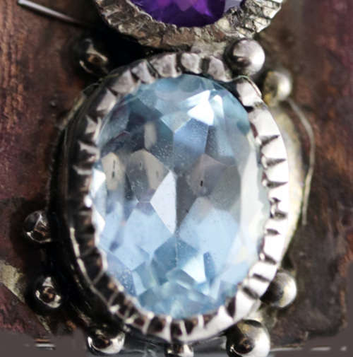 HANDCRAFTED NATURAL BLUE TOPAZ, AMETHYST AND GARNET STERLING SILVER UNUSUAL SOLID BAR EARRINGS