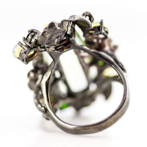 LARGE HANDCRAFTED REAL GREEN AMETHYST CHROME DIOPSIDE FIRE OPAL STERLING SILVER RING GUNMETAL FINISH