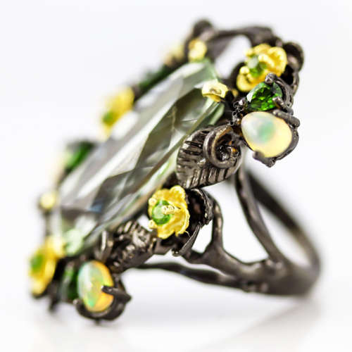 LARGE HANDCRAFTED REAL GREEN AMETHYST CHROME DIOPSIDE FIRE OPAL STERLING SILVER RING GUNMETAL FINISH