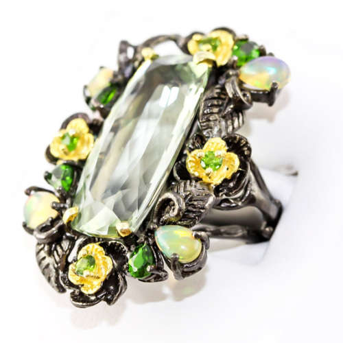 LARGE HANDCRAFTED REAL GREEN AMETHYST CHROME DIOPSIDE FIRE OPAL STERLING SILVER RING GUNMETAL FINISH