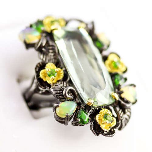 LARGE HANDCRAFTED REAL GREEN AMETHYST CHROME DIOPSIDE FIRE OPAL STERLING SILVER RING GUNMETAL FINISH