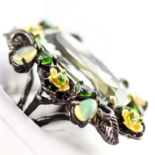 LARGE HANDCRAFTED REAL GREEN AMETHYST CHROME DIOPSIDE FIRE OPAL STERLING SILVER RING GUNMETAL FINISH