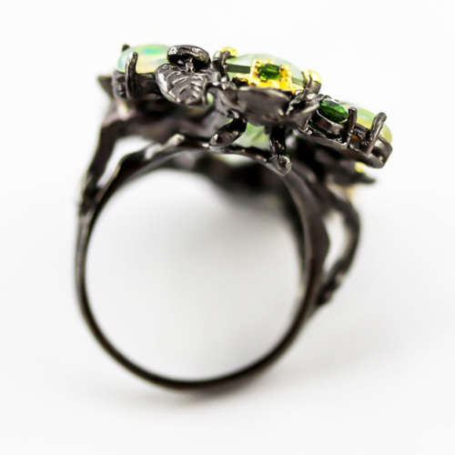 LARGE HANDCRAFTED REAL GREEN AMETHYST CHROME DIOPSIDE FIRE OPAL STERLING SILVER RING GUNMETAL FINISH