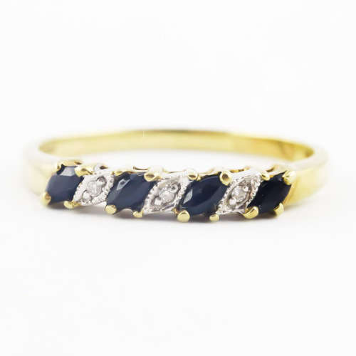 ELEGANT VINTAGE 9CT YELLOW GOLD SAPPHIRE AND DIAMOND RING. HALF ETERNITY DESIGN