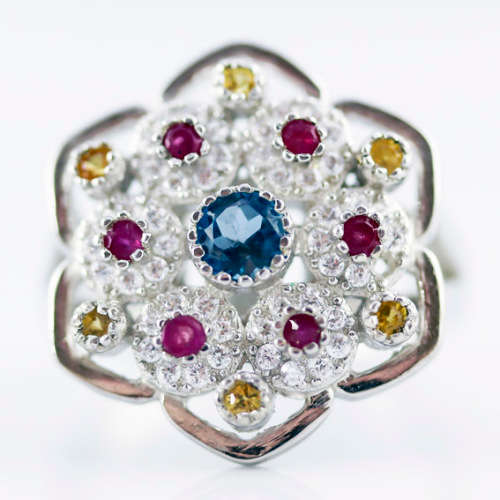 LONDON BLUE TOPAZ, NATURAL SONGEA SAPPHIRES and RUBY STERLING SILVER RING `TUDOR ROSE` DESIGN