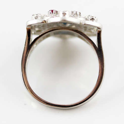 LONDON BLUE TOPAZ, NATURAL SONGEA SAPPHIRES and RUBY STERLING SILVER RING `TUDOR ROSE` DESIGN