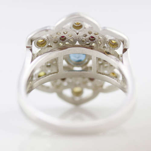 LONDON BLUE TOPAZ, NATURAL SONGEA SAPPHIRES and RUBY STERLING SILVER RING `TUDOR ROSE` DESIGN